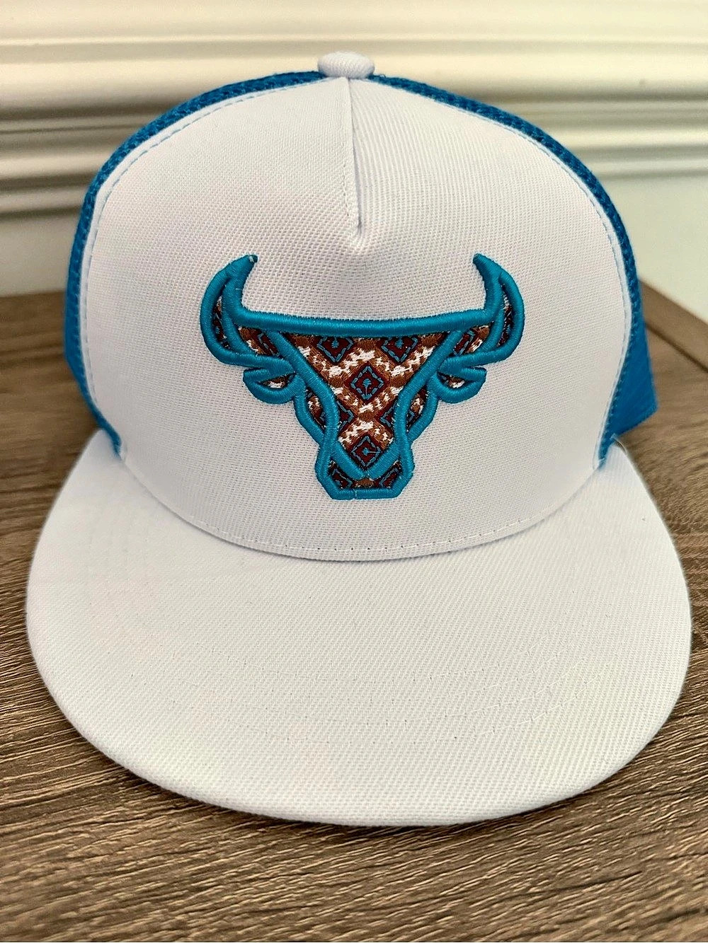 Lost Calf Olmeca Flat Bill Trucker Hat Blue/White— UNISEX*read notes